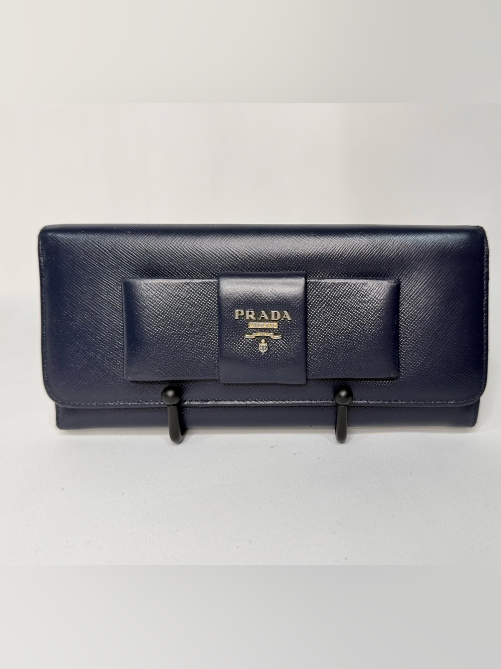 Prada Navy Saffiano Leather Bow Wallet with Gold Logo